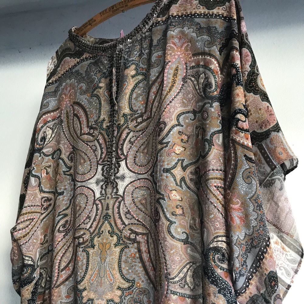 Calypso Silk Batwing Paisley Print & Bead Top